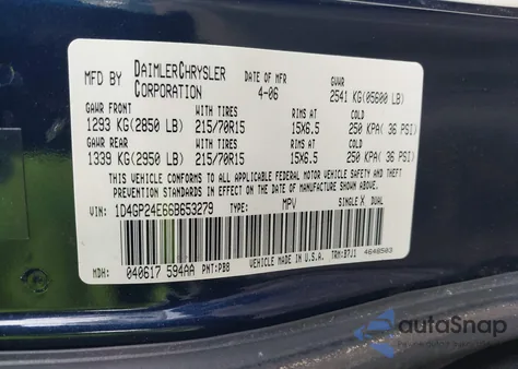 2006 Dodge Grand Caravan Se z USA, uszkodzony, nr VIN 1D4GP24E66B653279